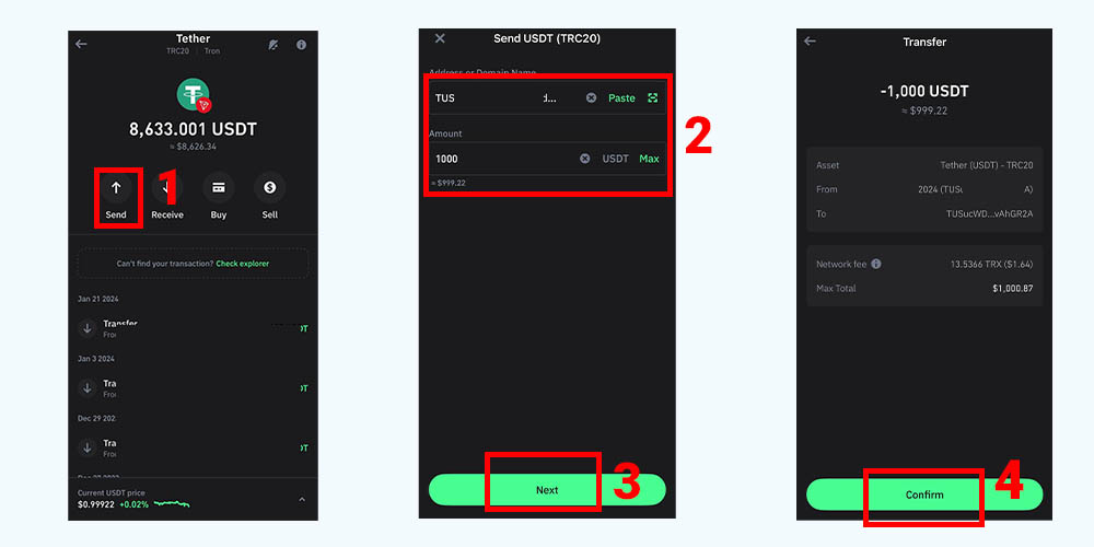 انتقال از کیف پول تتر TRC20