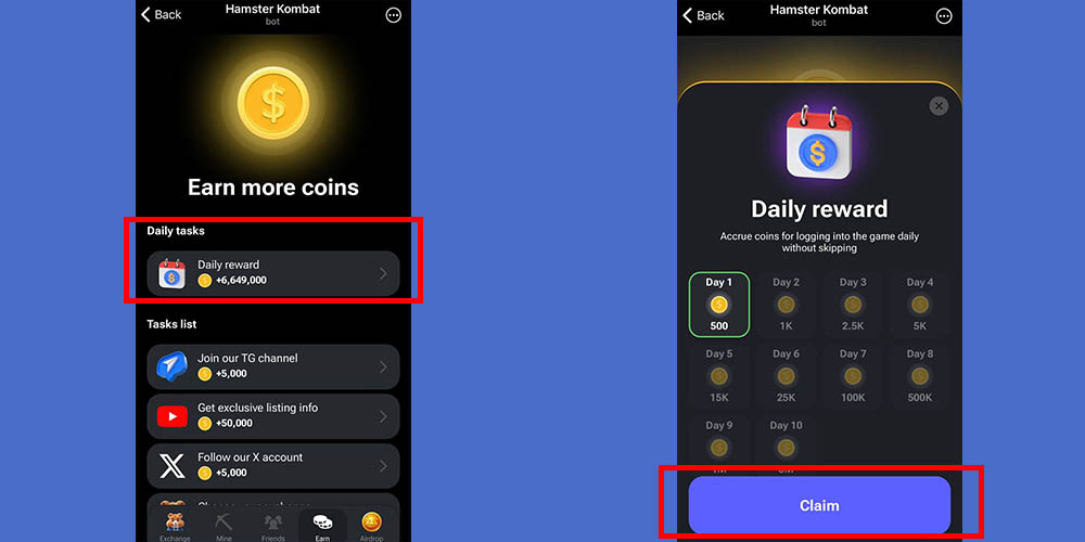 دریافت سکه روزانه در برنامه همستر کامبت