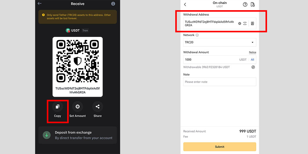 انتقال ارز به آدرس کیف پول Trust wallet