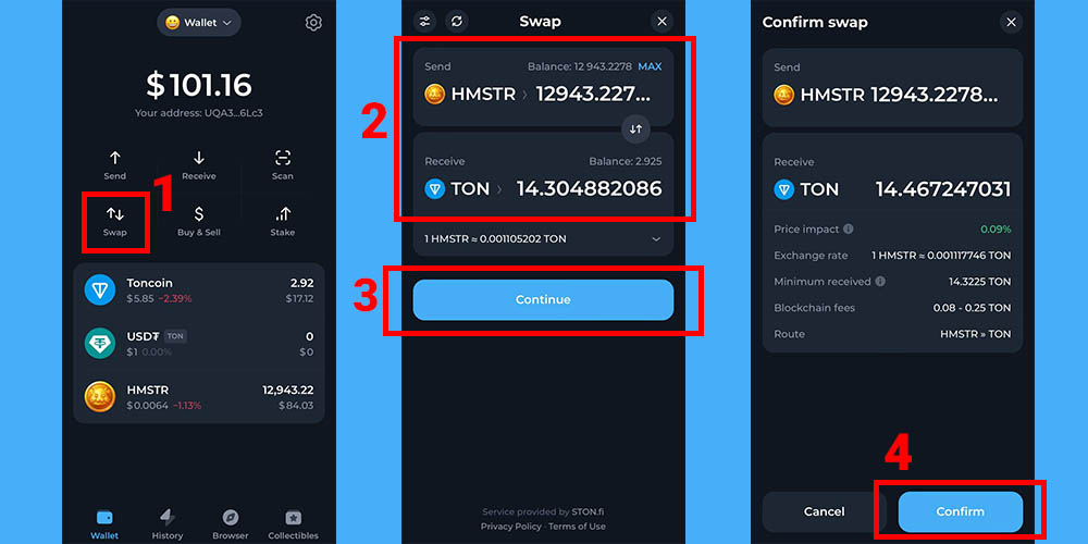 تبدیل ارز همستر در کیف پول تون کیپر
