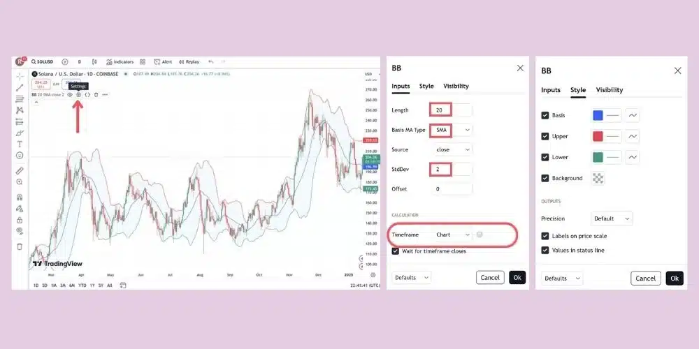 تغییر تنظیمات اندیکاتور بولینگر باند