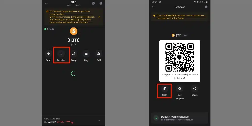 ارسال بیت کوین تراست ولت