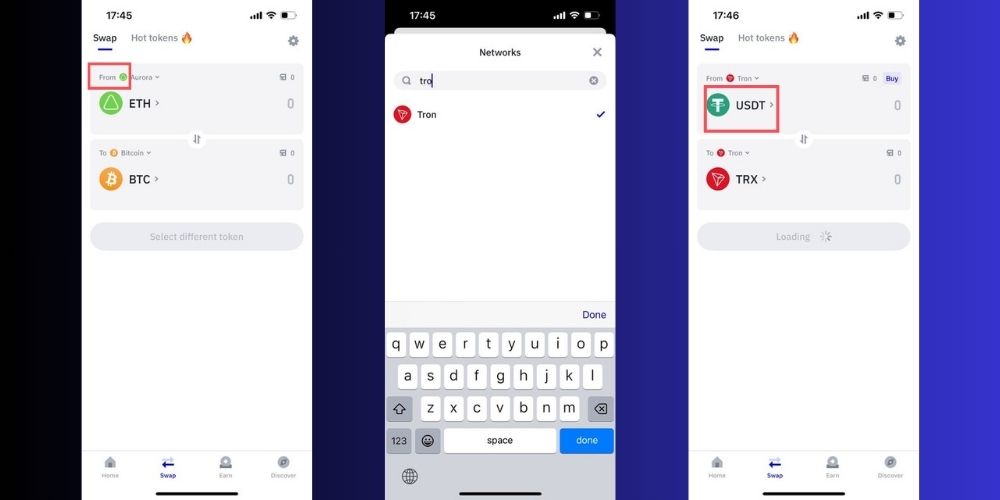 انتخاب USDT به‌عنوان ارز مبدا و تعیین شبکه