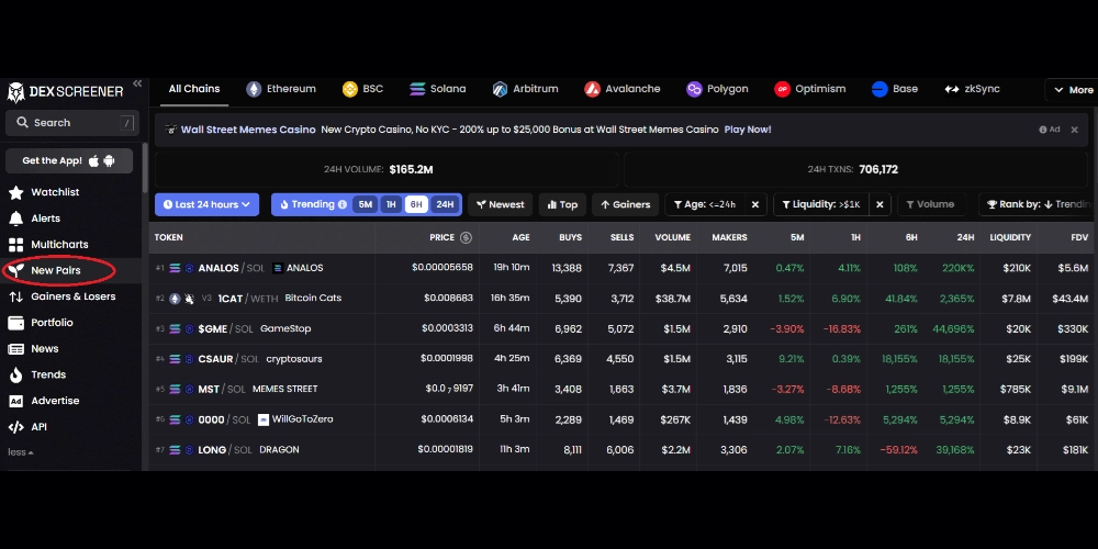 بخش New Pairs در Dex Screener