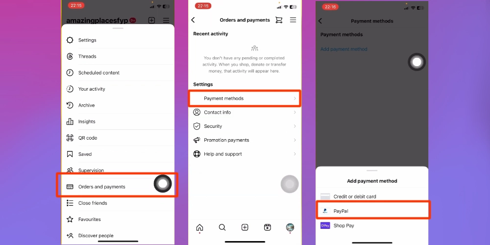 حساب پی پل در اینستاگرام