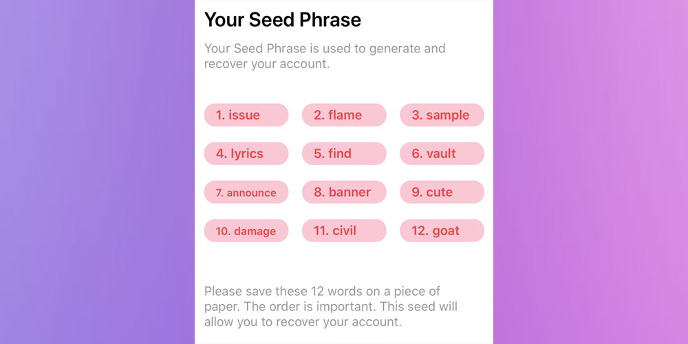 نمونه عبارت بازیابی ۱۲ کلمه‌ای