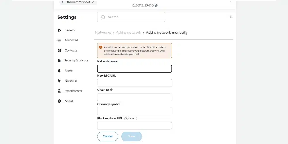 اضافه کردن دستی شبکه به Metamask