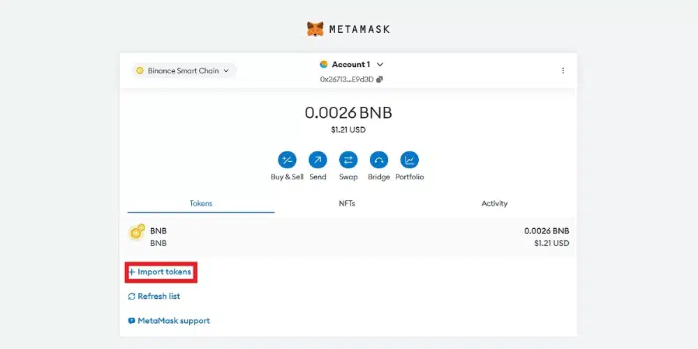 گزینه Import Token در Metamask