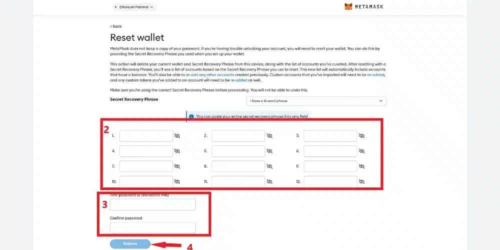 بازیابی رمز Metamask