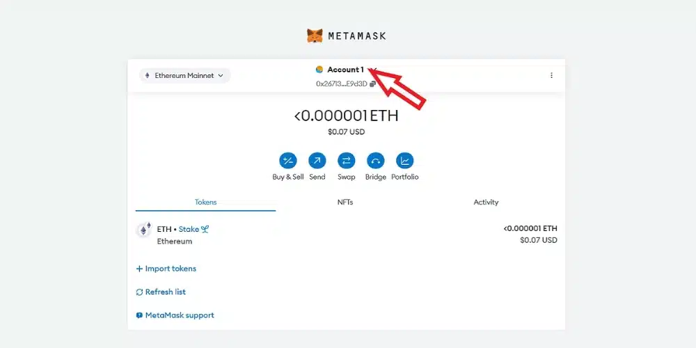 گزینه حساب در Metamask