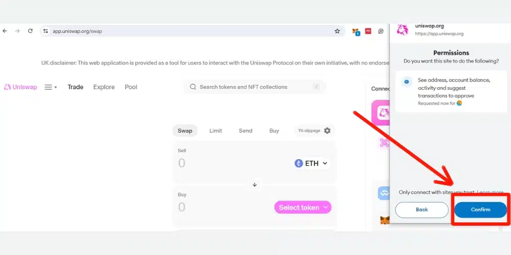 تایید اتصال یونی سواپ به Metamask