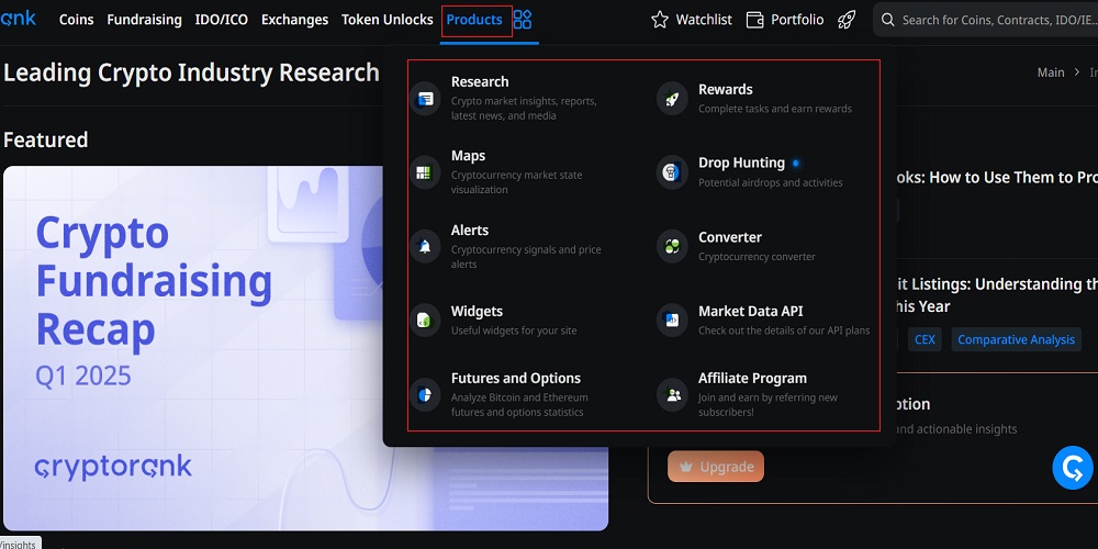 محصولات سایت cryptorank