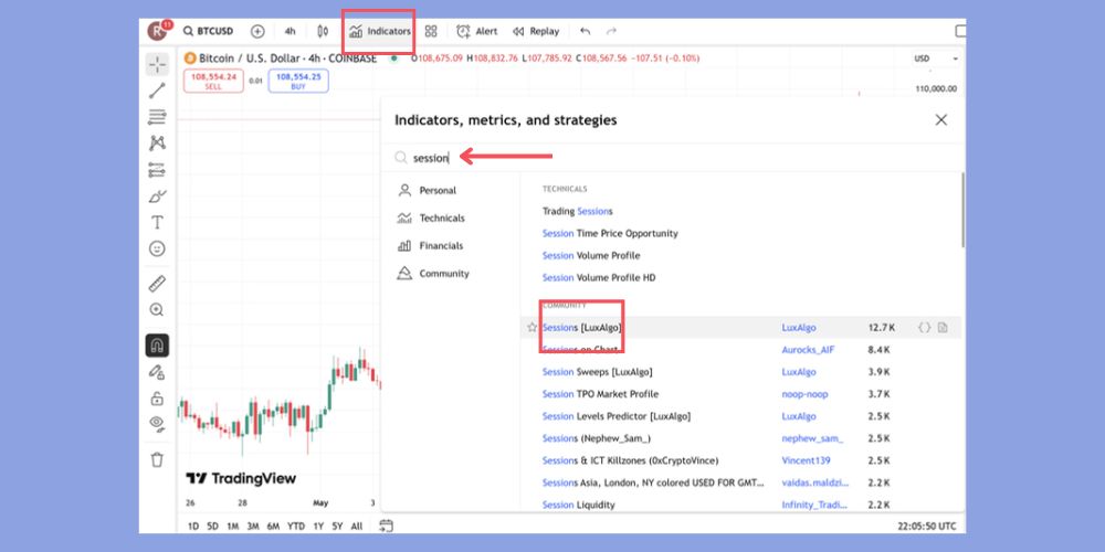 افزودن اندیکاتور سشن