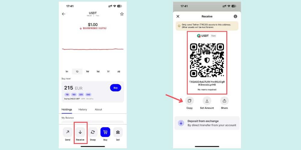 دریافت آدرس برای واریز به تراست ولت