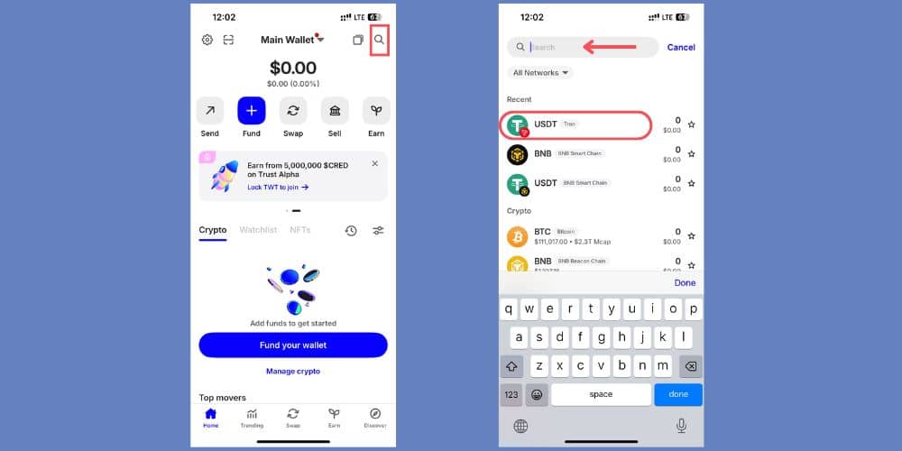 ورود به تراست ولت و جستجو ارز دیجیتال