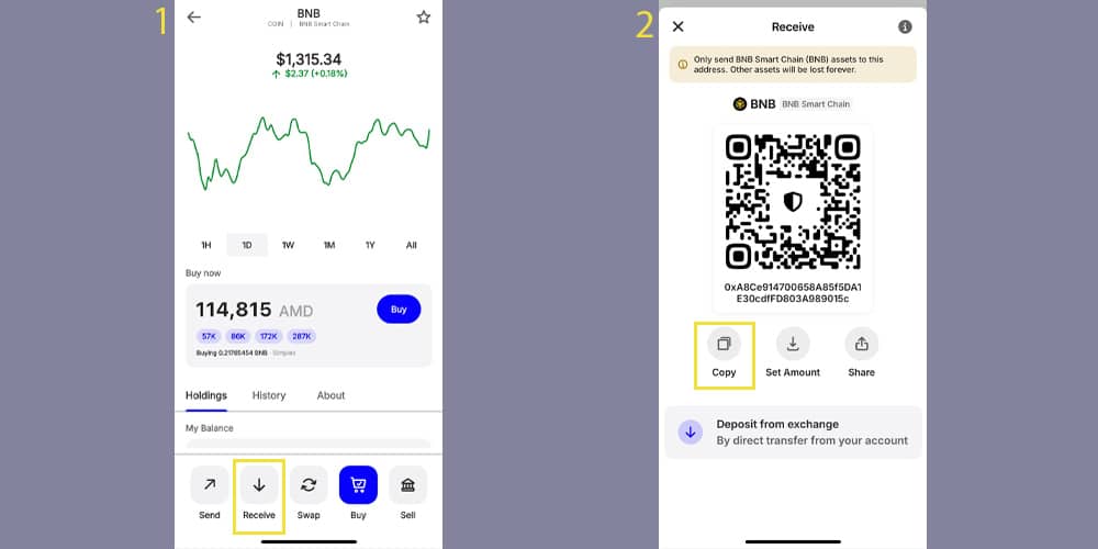 پیدا کردن آدرس BEP20 در تراست ولت