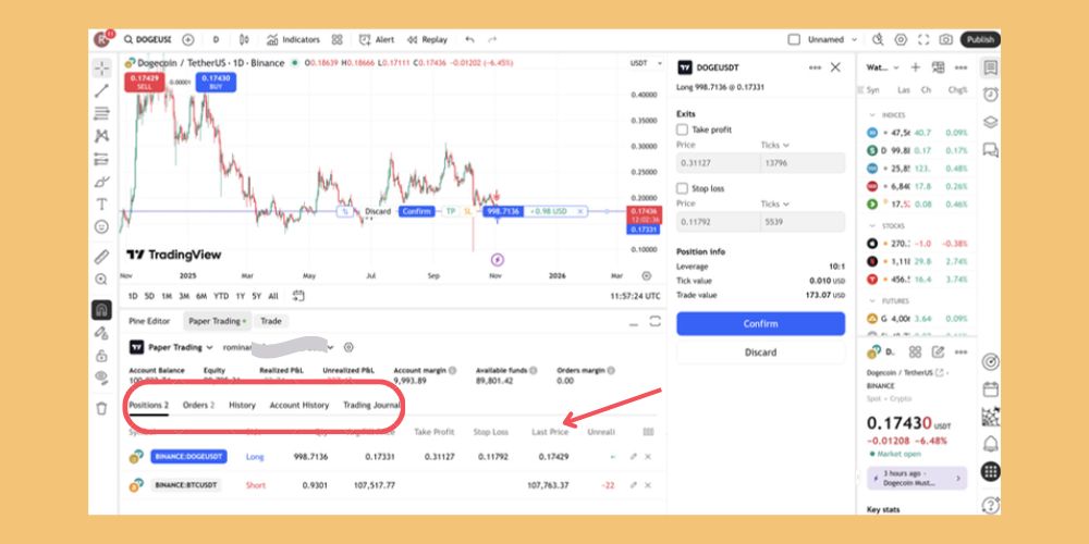 پیگیری معامله در حساب دمو تریدینگ ویو